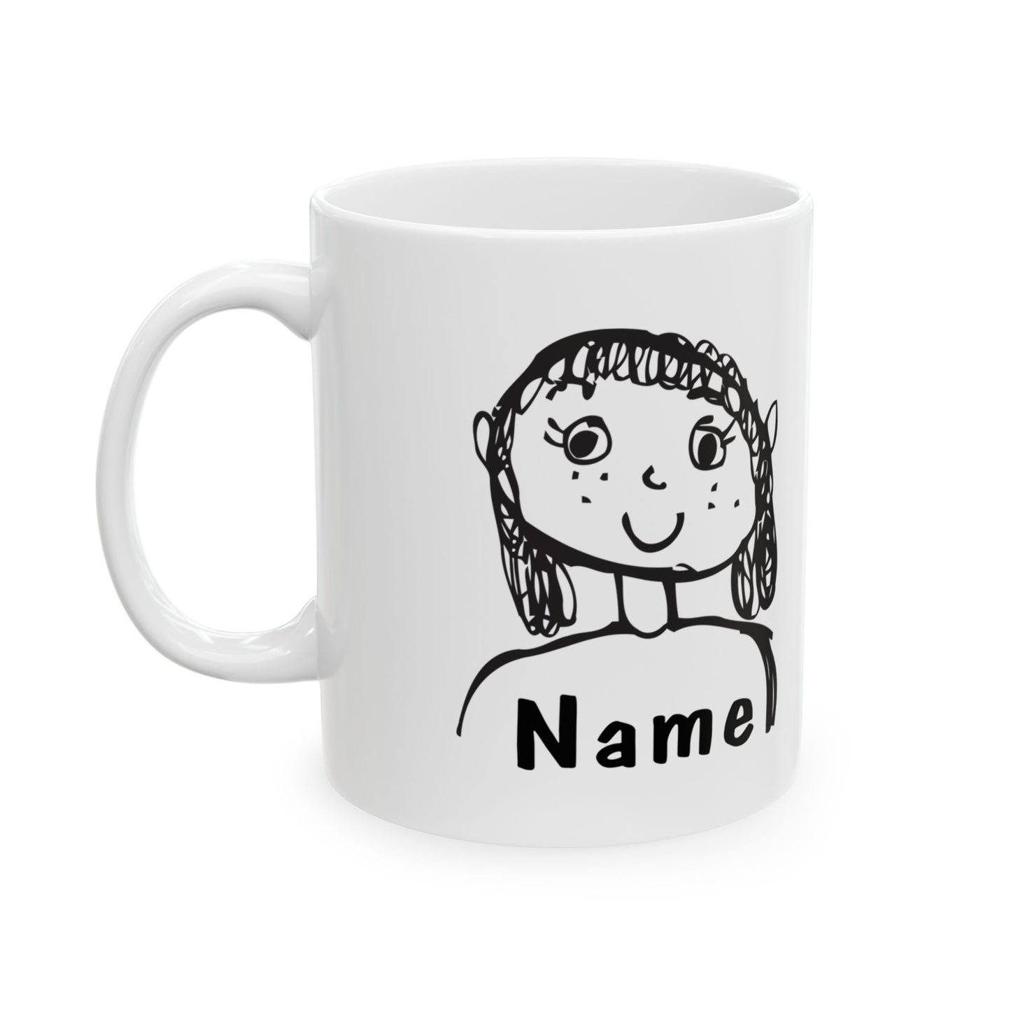 Personalize an 11oz ceramic mug with your child's drawing—featured on their class t-shirt