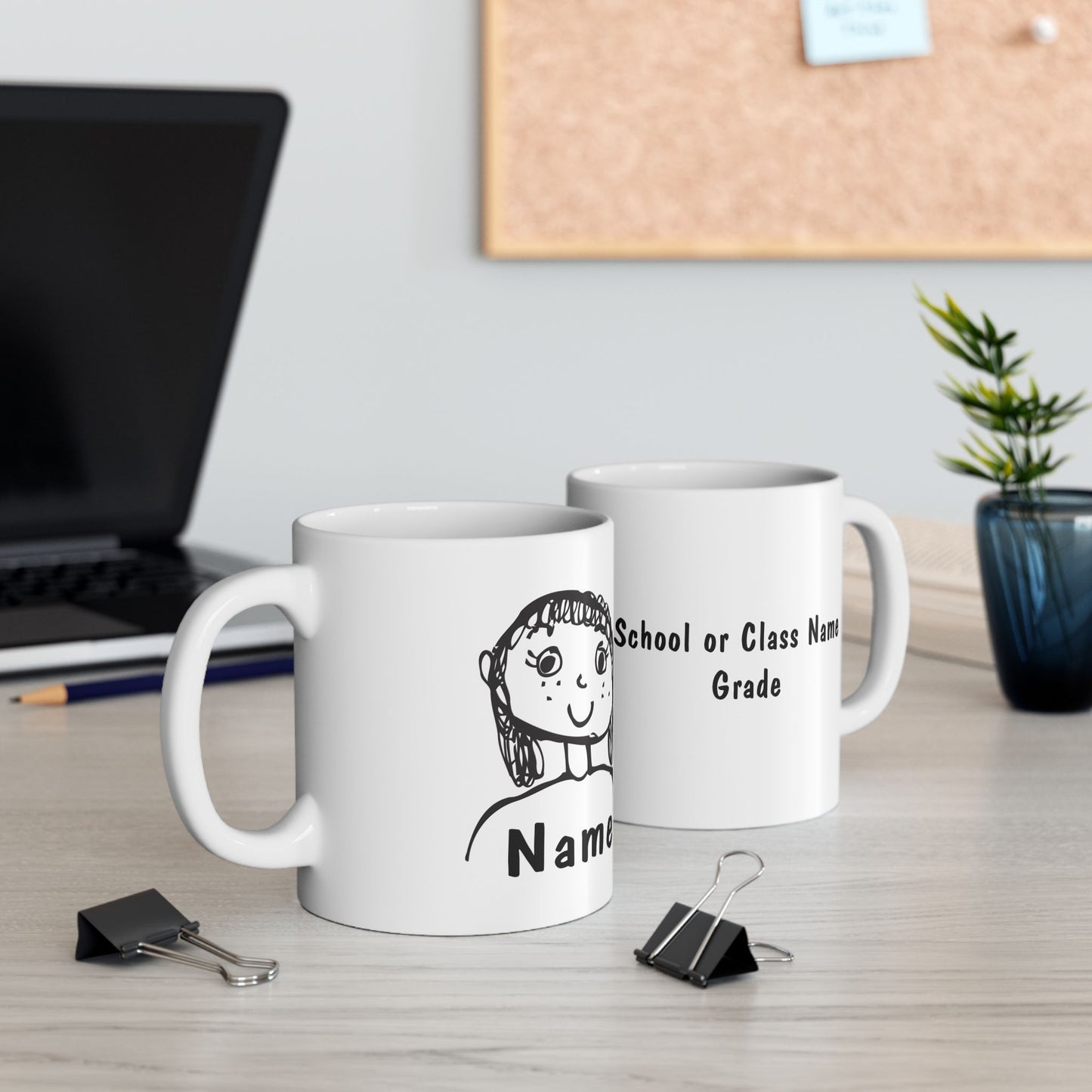 Personalize an 11oz ceramic mug with your child's drawing—featured on their class t-shirt