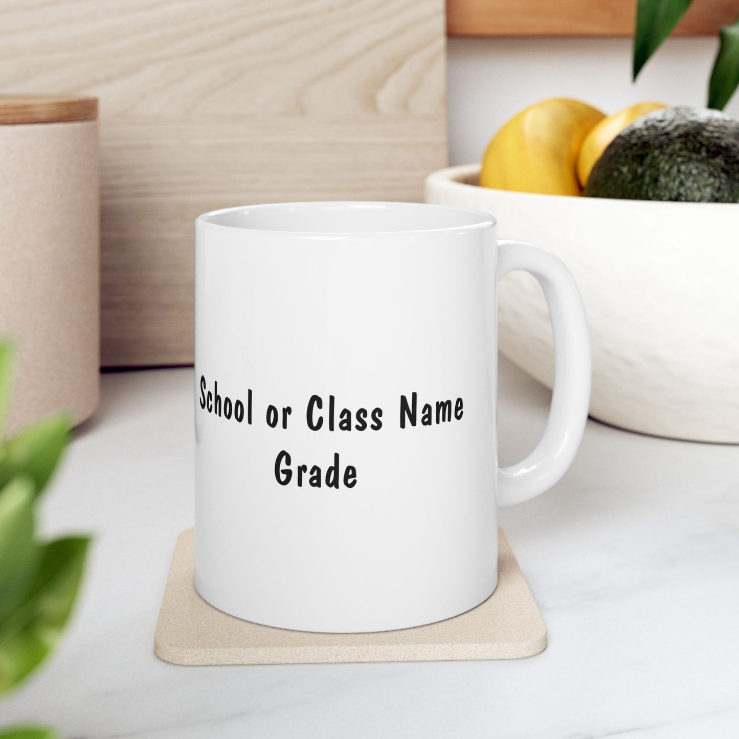Personalize an 11oz ceramic mug with your child's drawing—featured on their class t-shirt