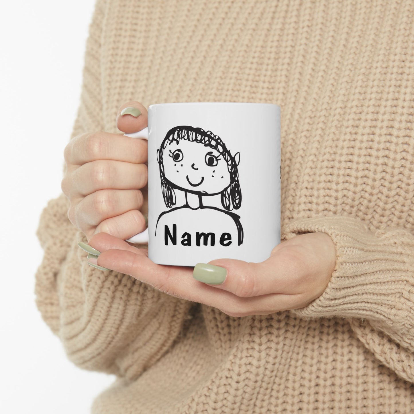 Personalize an 11oz ceramic mug with your child's drawing—featured on their class t-shirt