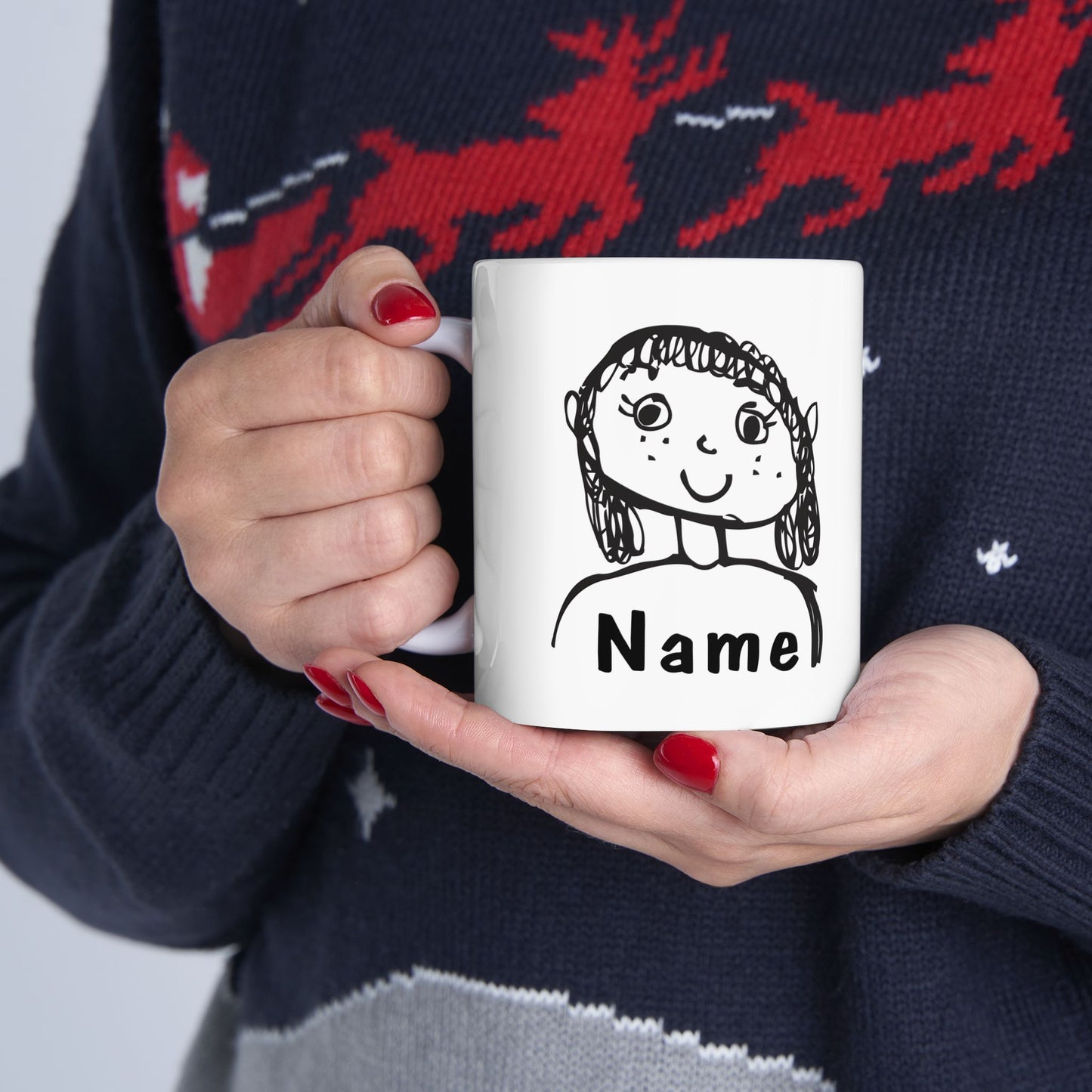 Personalize an 11oz ceramic mug with your child's drawing—featured on their class t-shirt