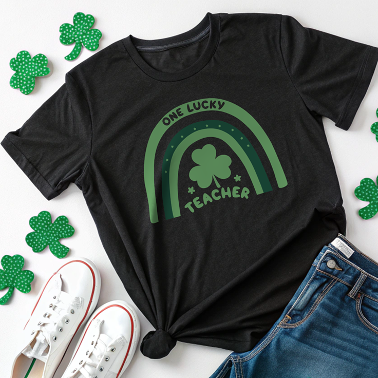 One Lucky Teacher Rainbow Doodle Tee: Perfect for St. Patrick's Day Fun!