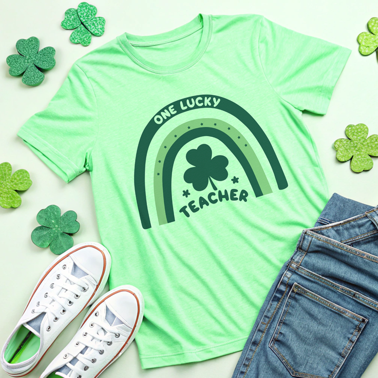 One Lucky Teacher Rainbow Doodle Tee: Perfect for St. Patrick's Day Fun!