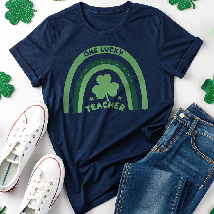 One Lucky Teacher Rainbow Doodle Tee: Perfect for St. Patrick's Day Fun!