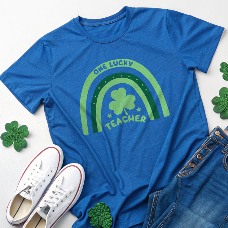 One Lucky Teacher Rainbow Doodle Tee: Perfect for St. Patrick's Day Fun!