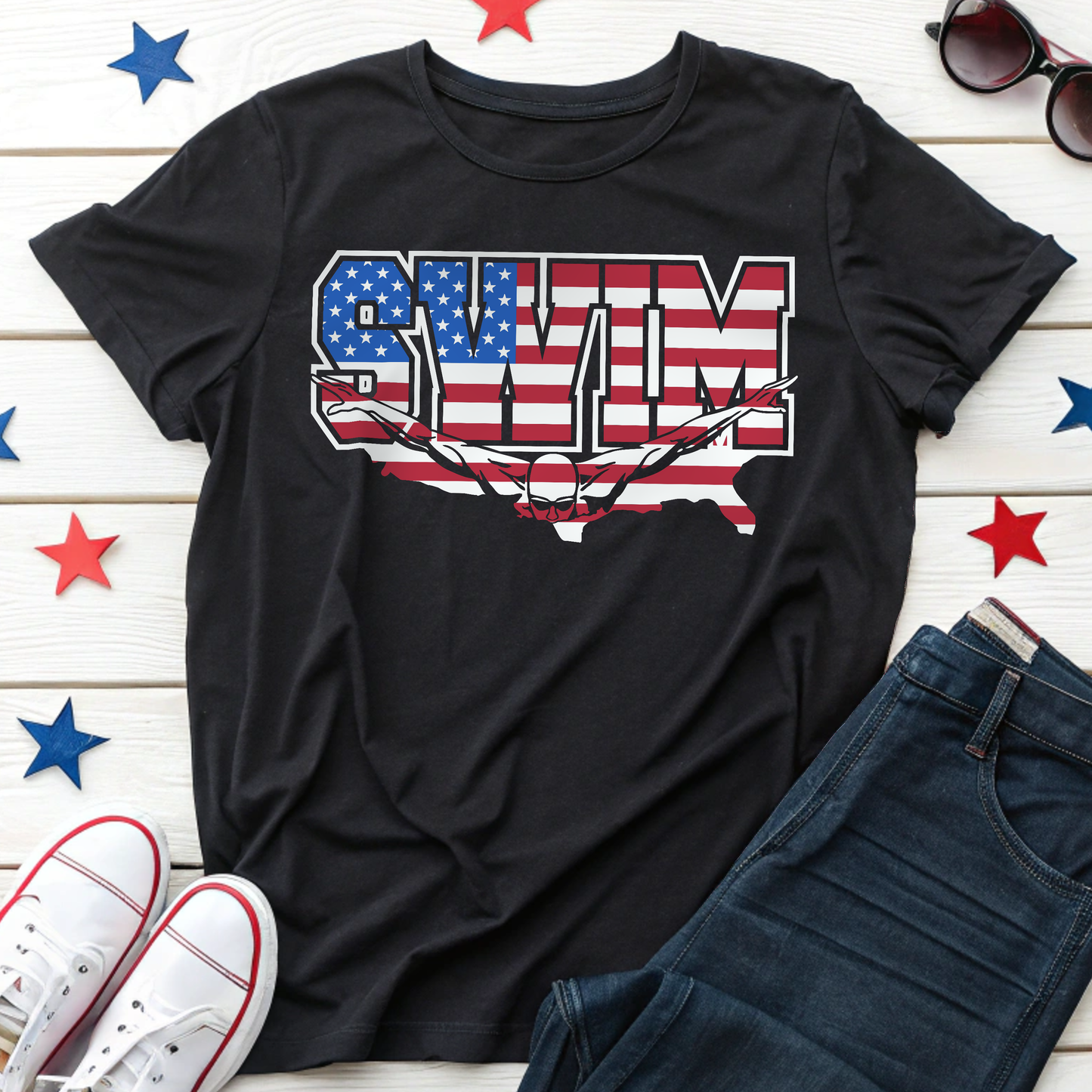 Patriotic Swim T-Shirt – Unisex Softstyle Tee for Swimmers, Summer Fun, Pool Parties, 4th of July, Beach Days