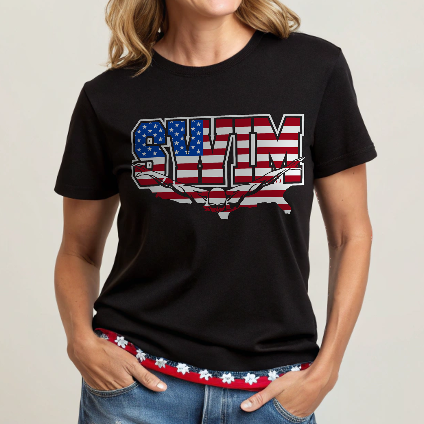 Patriotic Swim T-Shirt – Unisex Softstyle Tee for Swimmers, Summer Fun, Pool Parties, 4th of July, Beach Days