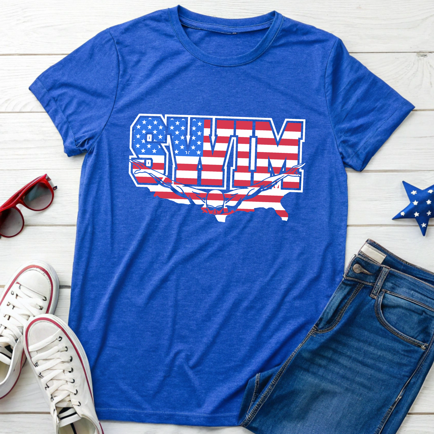 Patriotic Swim T-Shirt – Unisex Softstyle Tee for Swimmers, Summer Fun, Pool Parties, 4th of July, Beach Days