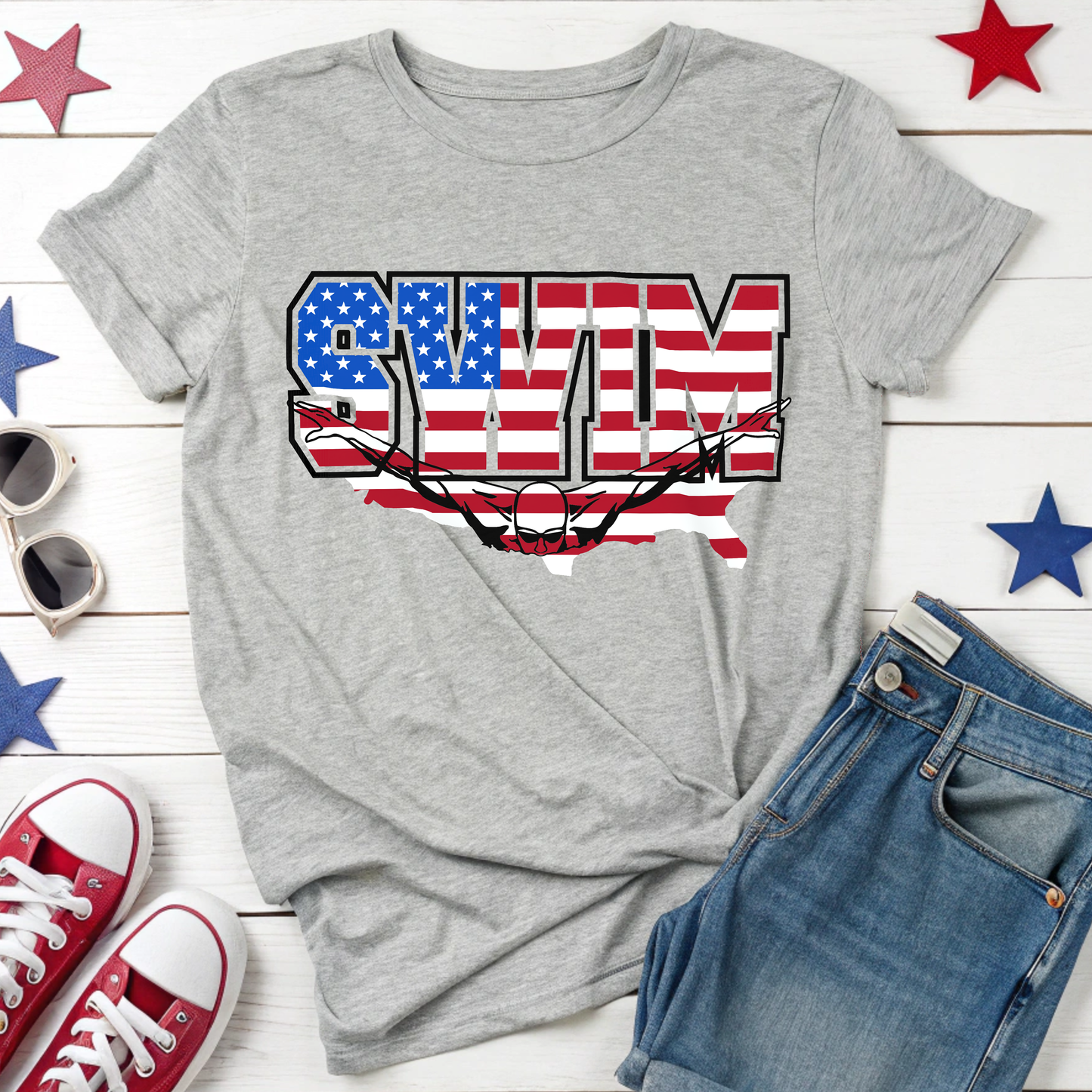 Patriotic Swim T-Shirt – Unisex Softstyle Tee for Swimmers, Summer Fun, Pool Parties, 4th of July, Beach Days