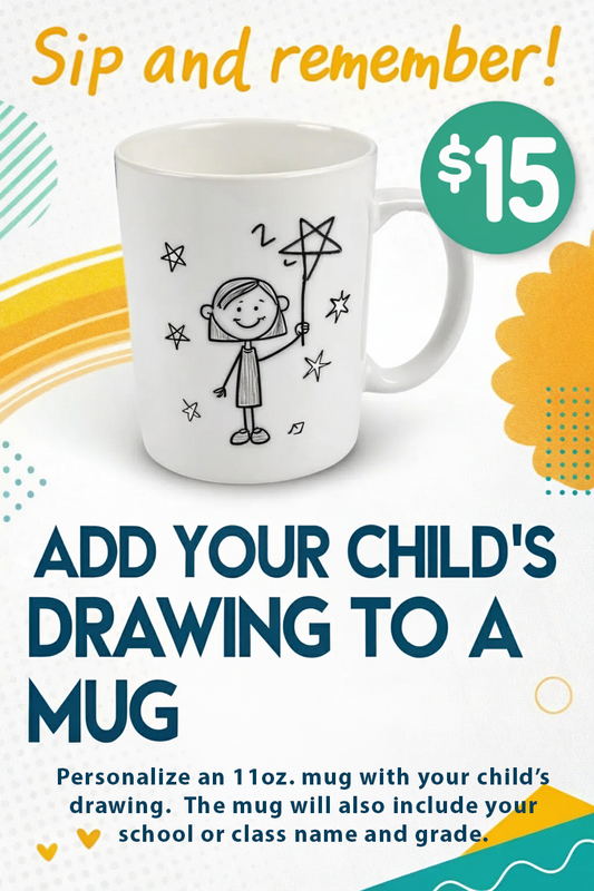 Personalize an 11oz ceramic mug with your child's drawing—featured on their class t-shirt
