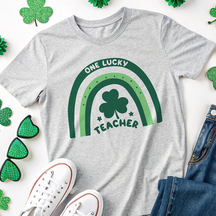 One Lucky Teacher Rainbow Doodle Tee: Perfect for St. Patrick's Day Fun!