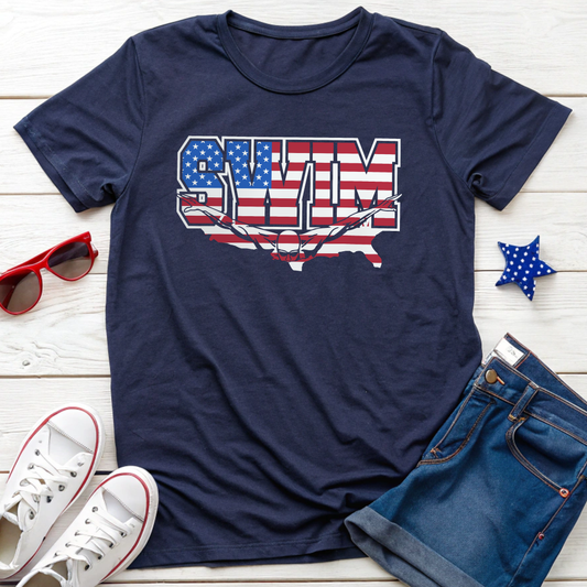 Patriotic Swim T-Shirt – Unisex Softstyle Tee for Swimmers, Summer Fun, Pool Parties, 4th of July, Beach Days