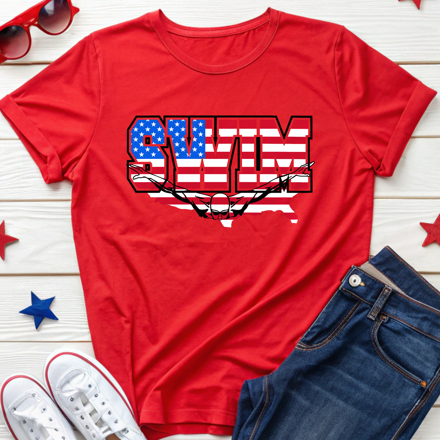Patriotic Swim T-Shirt – Unisex Softstyle Tee for Swimmers, Summer Fun, Pool Parties, 4th of July, Beach Days